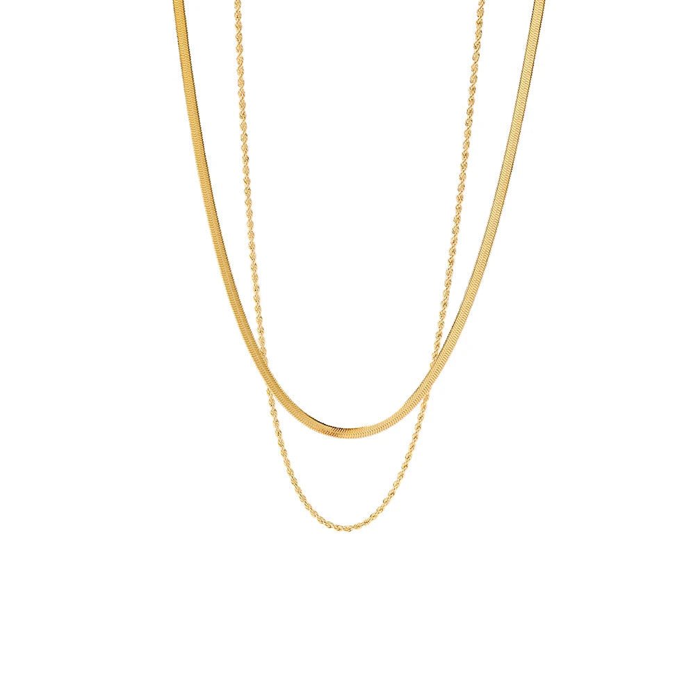 18k Layered Herringbone & Rope Chain Necklace - Veinci