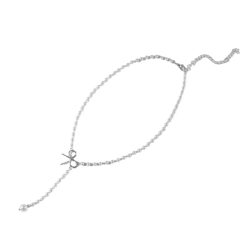 Pearl Dainty Bow Lariat Necklace - Veinci