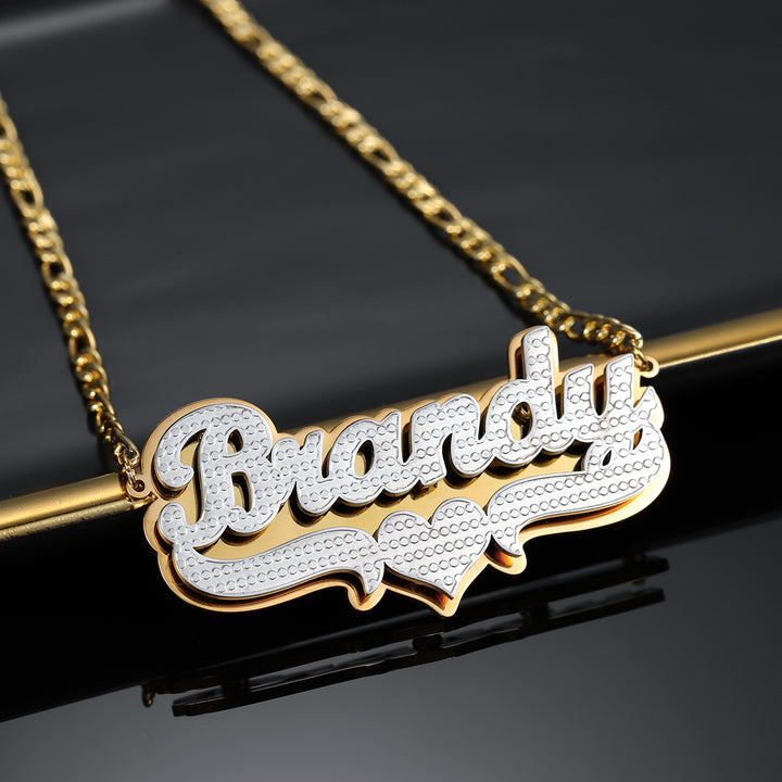 Double Plated Pop Out Heart Name Necklace W/ Figaro Chain