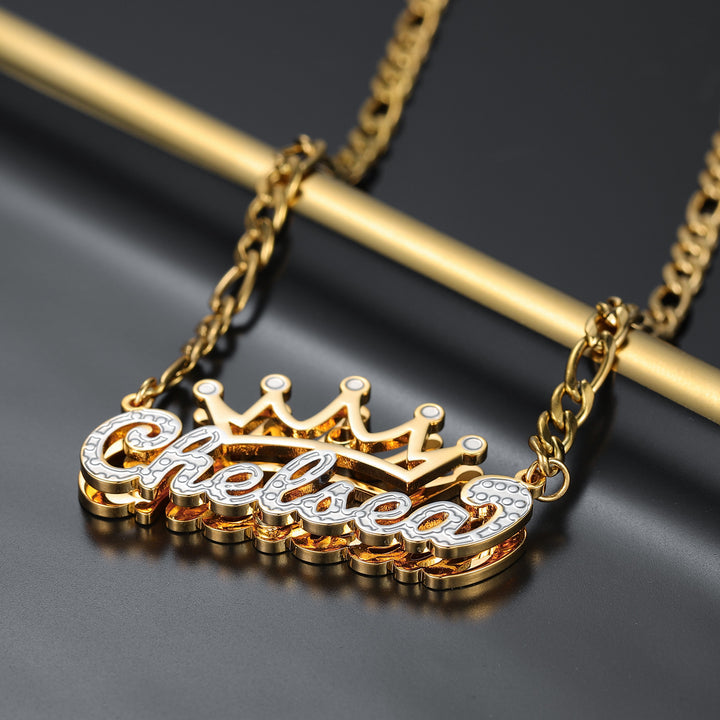Double Plated Crown Name Necklace W/ Figaro Chain