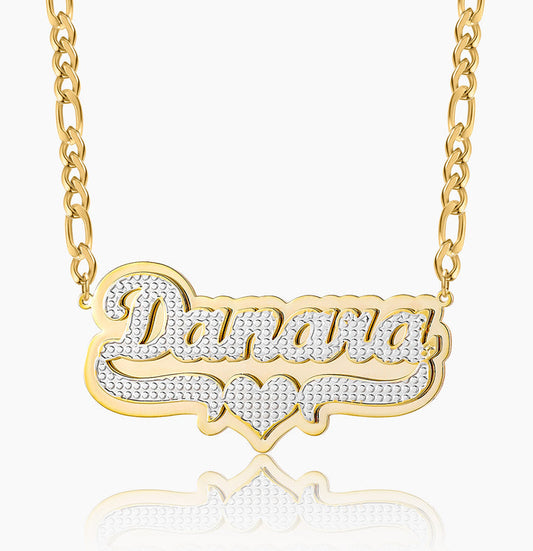 Double Plated Pop Out Heart Name Necklace W/ Figaro Chain