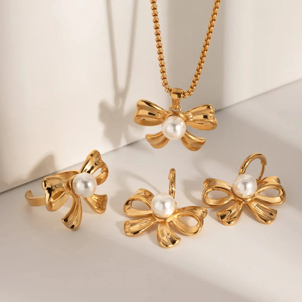 18k Dainty Bow Pearl Center Necklace, Earring, Ring Set - Veinci