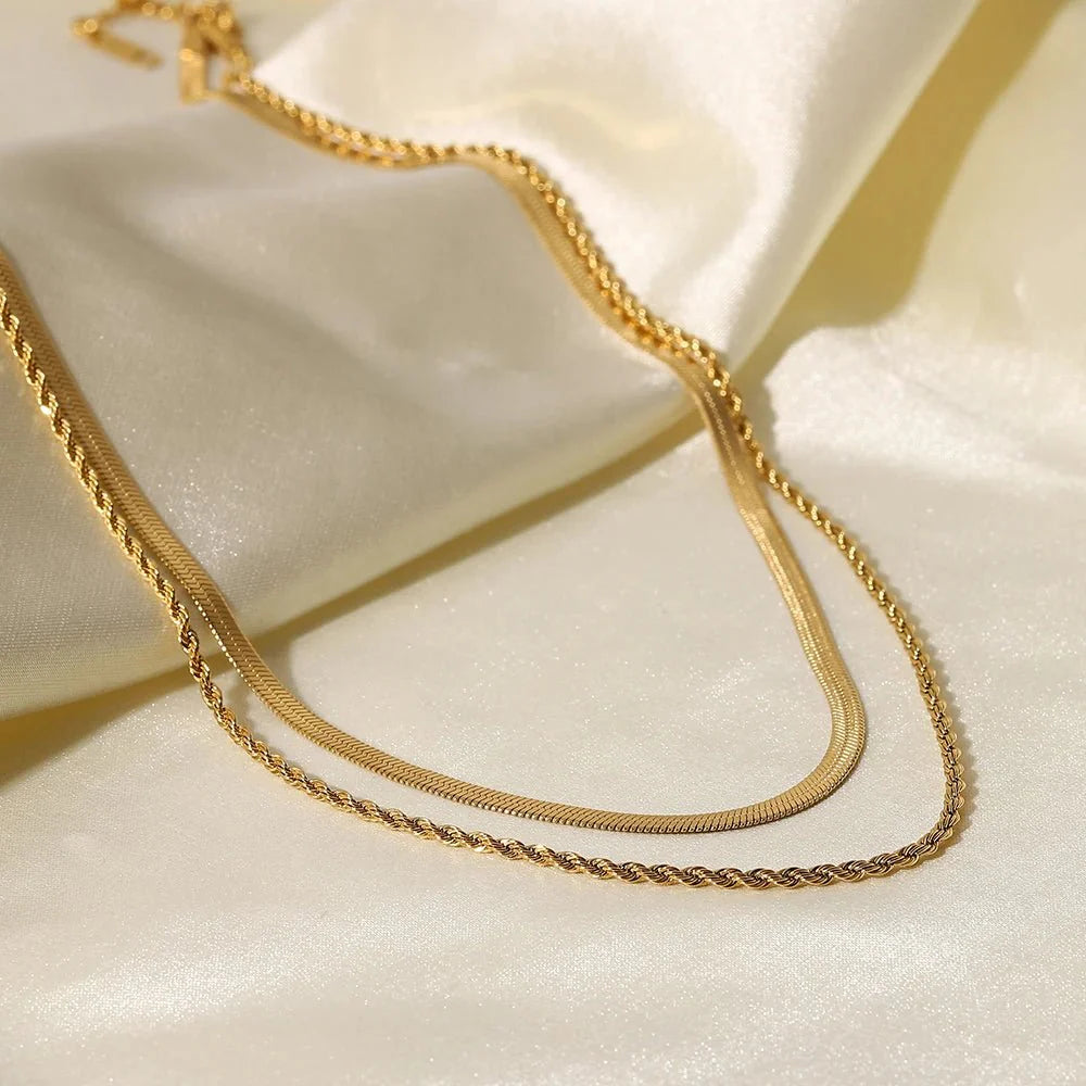 18k Layered Herringbone & Rope Chain Necklace - Veinci
