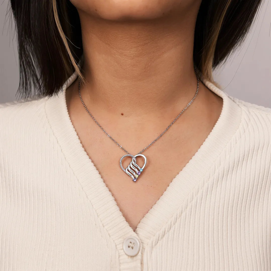 Nombre personalizado y collar de colgante a rayas de corazón de la piedra de nacimiento