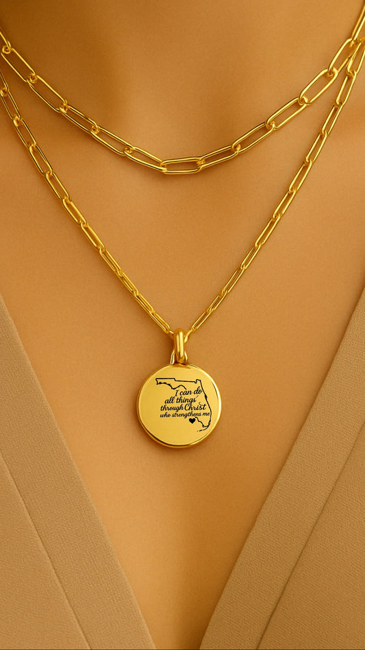 Florida Map Philippians 4:13 Initial Necklace