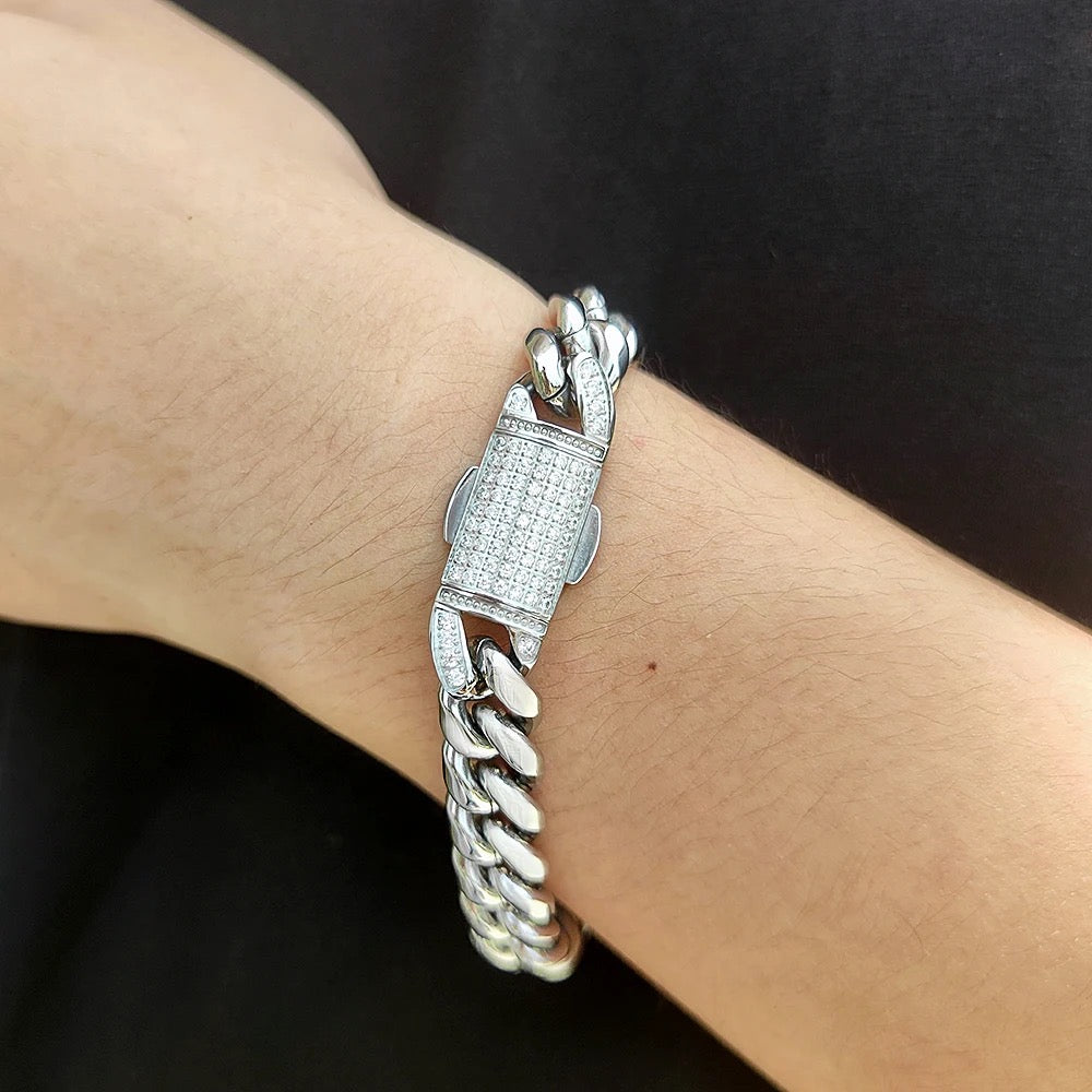 Mens 12MM Iced Clasp Cuban Bracelet