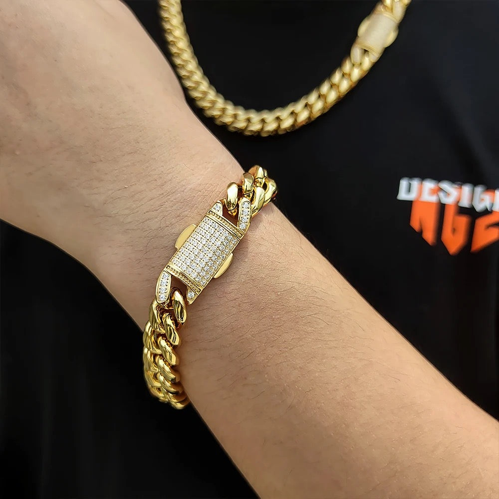 Mens 12MM Iced Clasp Cuban Bracelet
