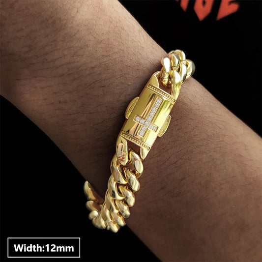 Mens 12MM Iced Cross Cuban Bracelet