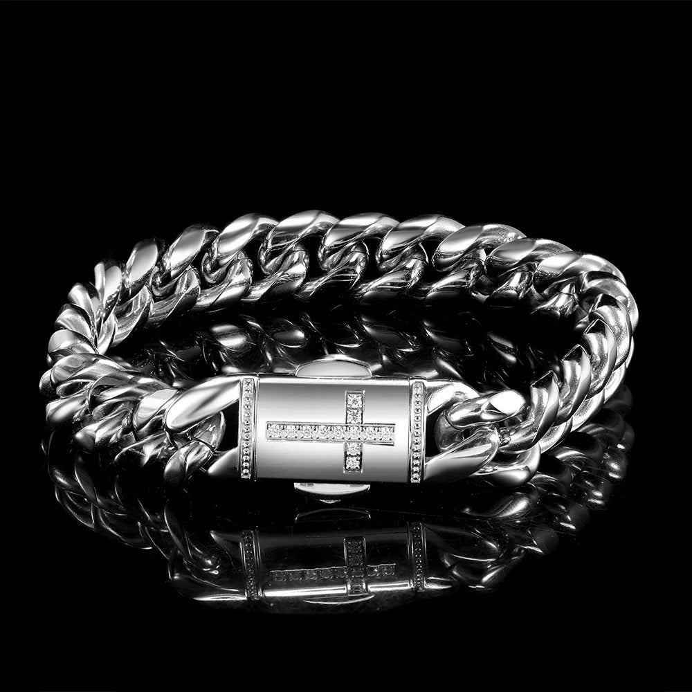 Mens 12MM Iced Cross Cuban Bracelet