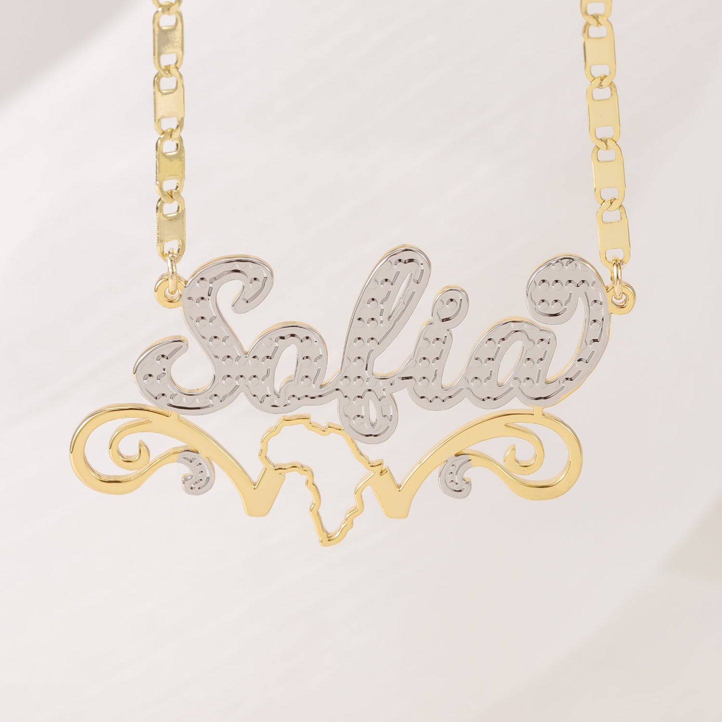 Customized two-tone Africa Map Name Necklace