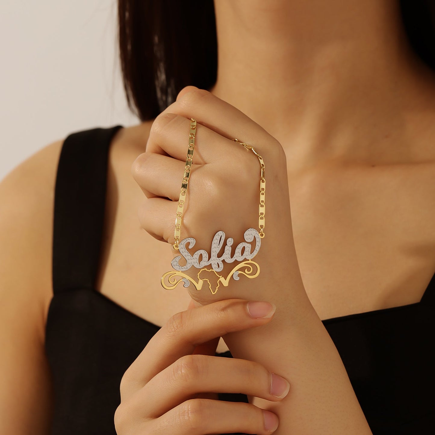 Customized two-tone Africa Map Name Necklace