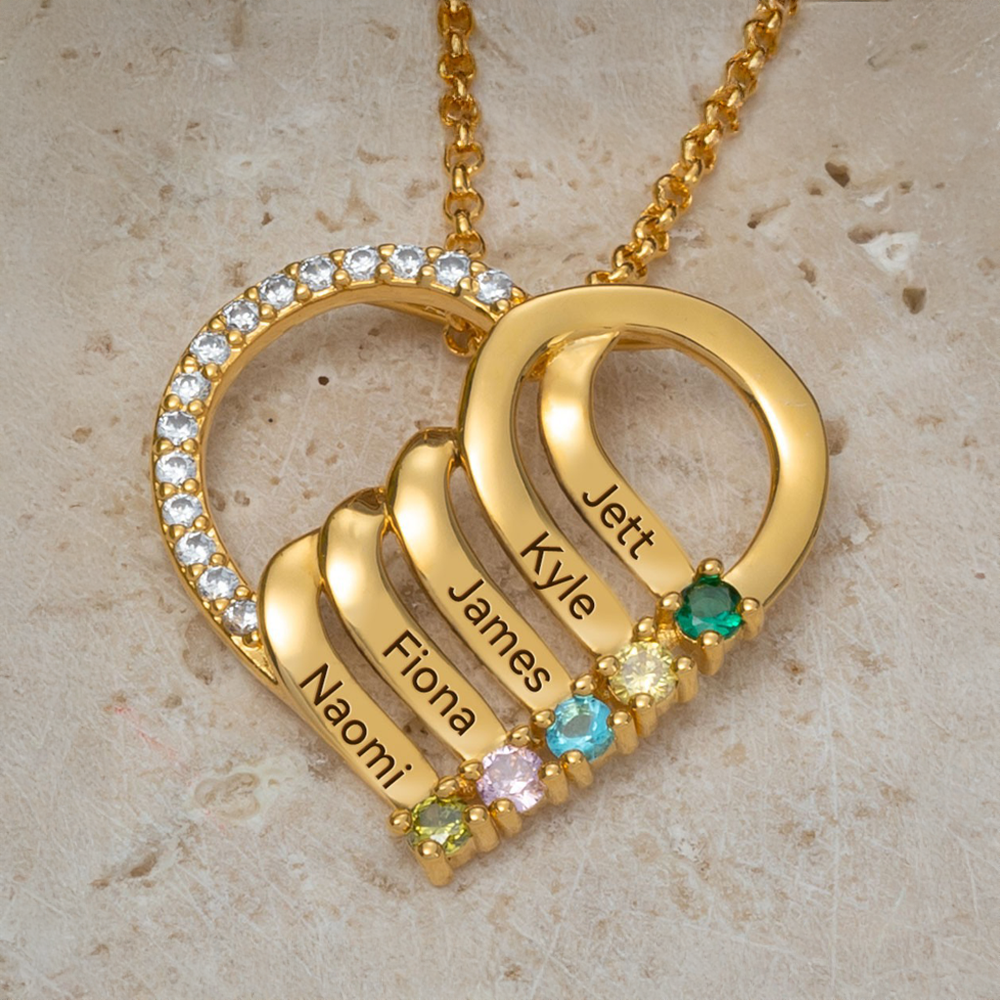 Nombre personalizado y collar de colgante a rayas de corazón de la piedra de nacimiento