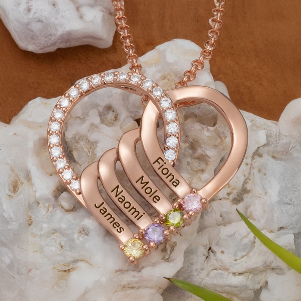 Nombre personalizado y collar de colgante a rayas de corazón de la piedra de nacimiento