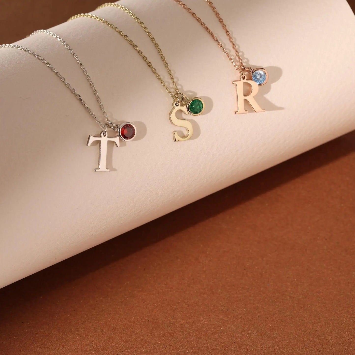 Dainty Serif Initial & Birthstone ketting