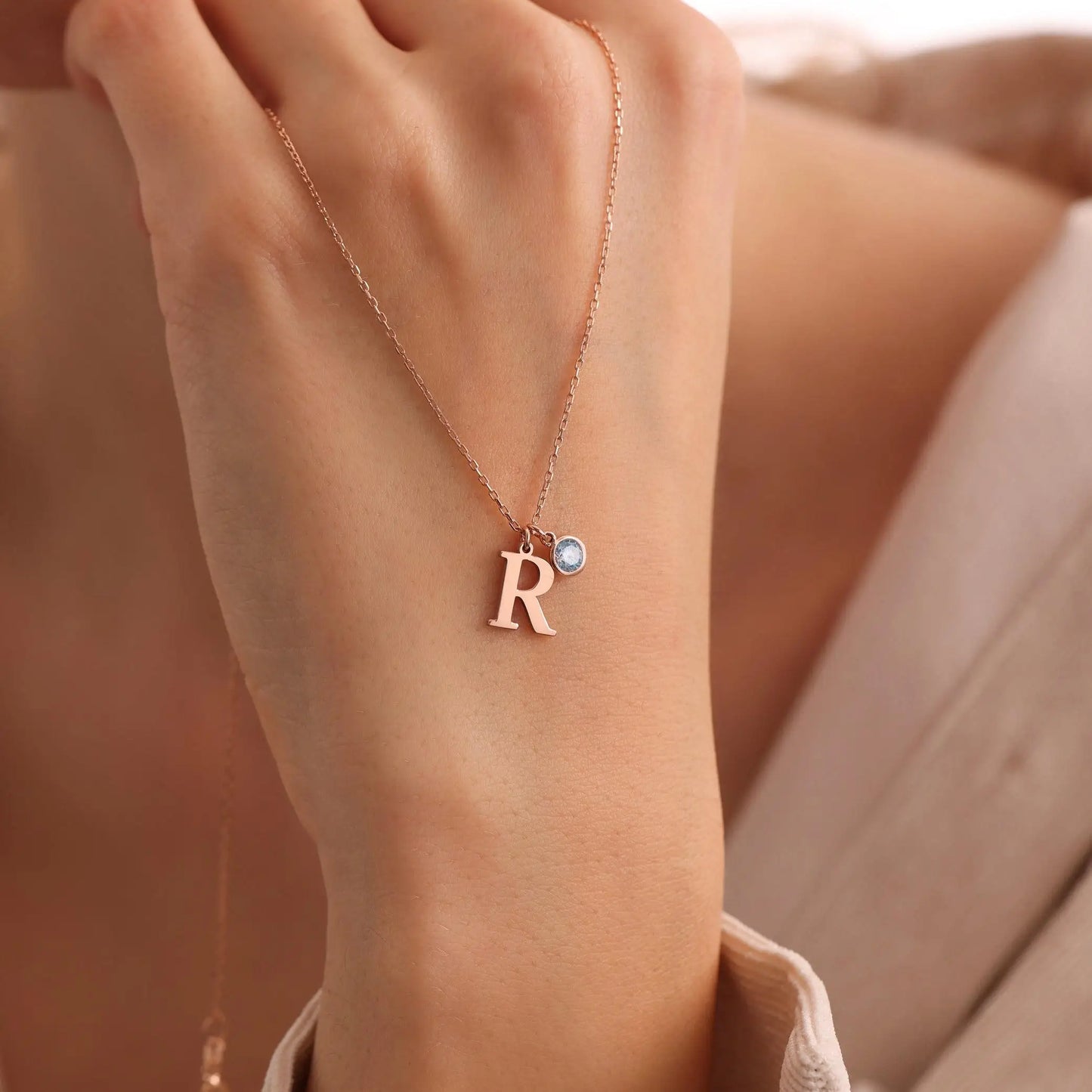 Dainty Serif Initial & Birthstone ketting