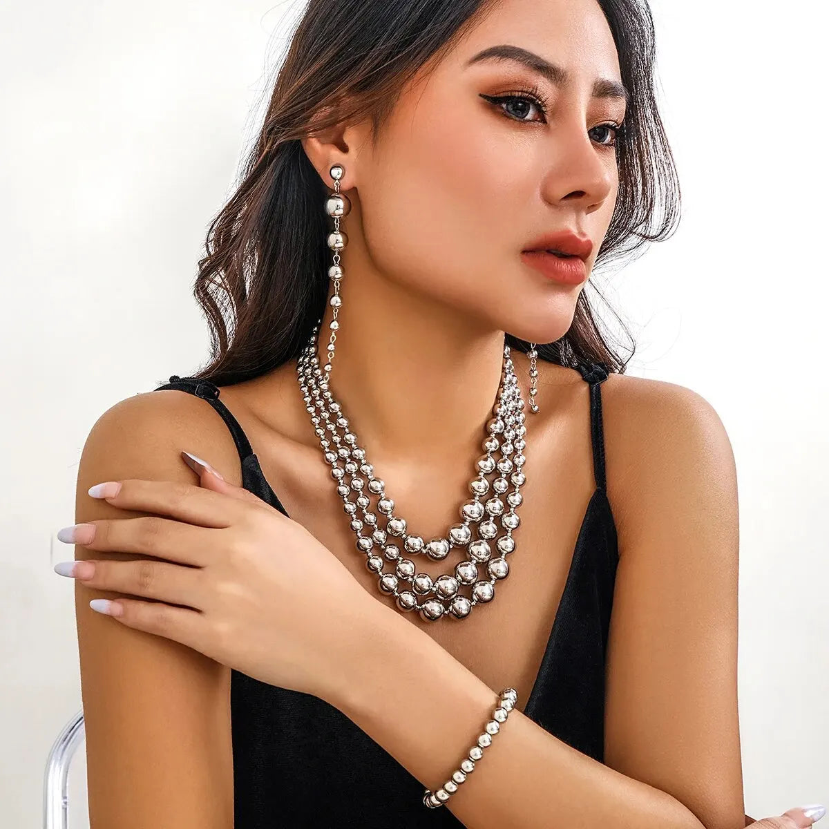 Bold Triple Stack Dangle Earrings, Necklace, Bracelet Set