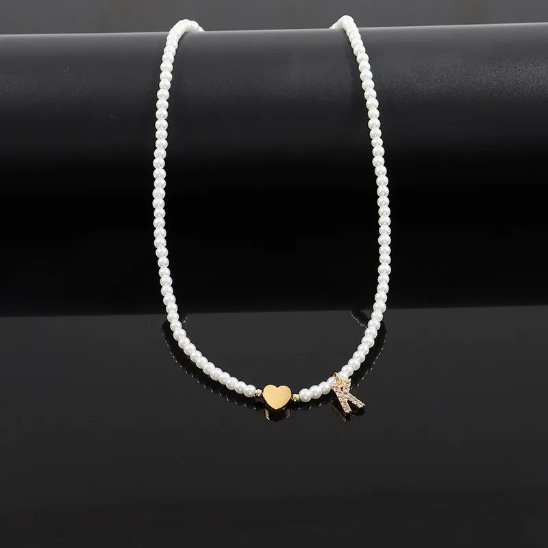 Dainty Beaded Heart Initial Necklace - Veinci