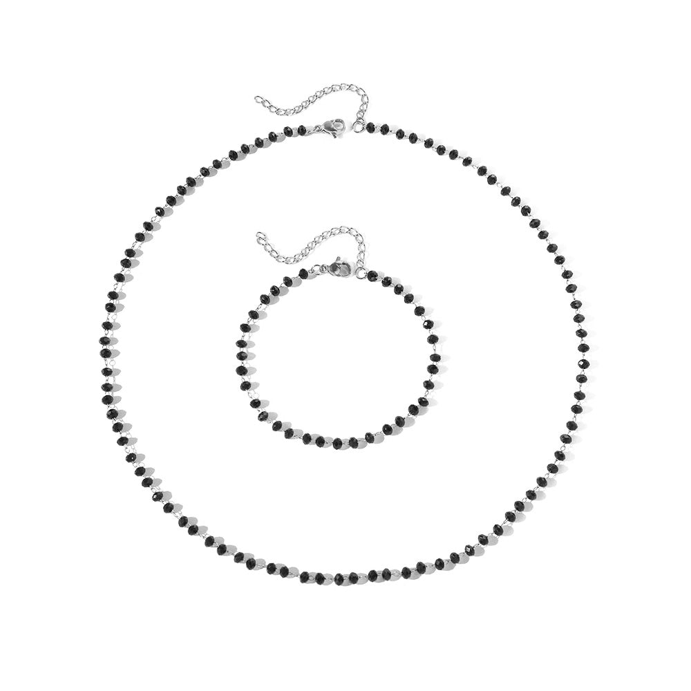 Dainty Beaded Black Crystal Necklace and Bracelet Set