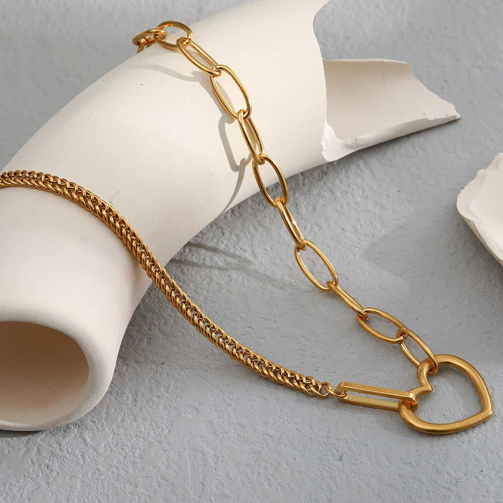 18k Paperclip & Curb Chain Heart Pendant Necklace