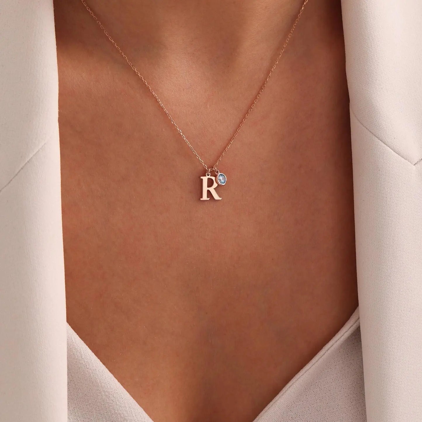 Dainty Serif Initial & Birthstone ketting