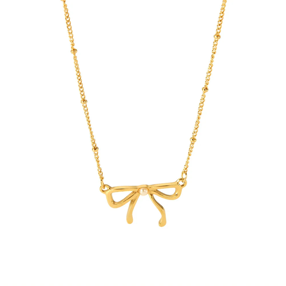 18k Feminine Bow Herringbone & Dainty Pearl Necklace
