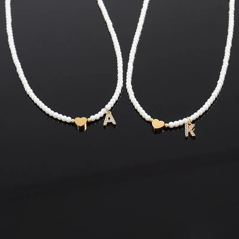 Dainty Beaded Heart Initial Necklace - Veinci