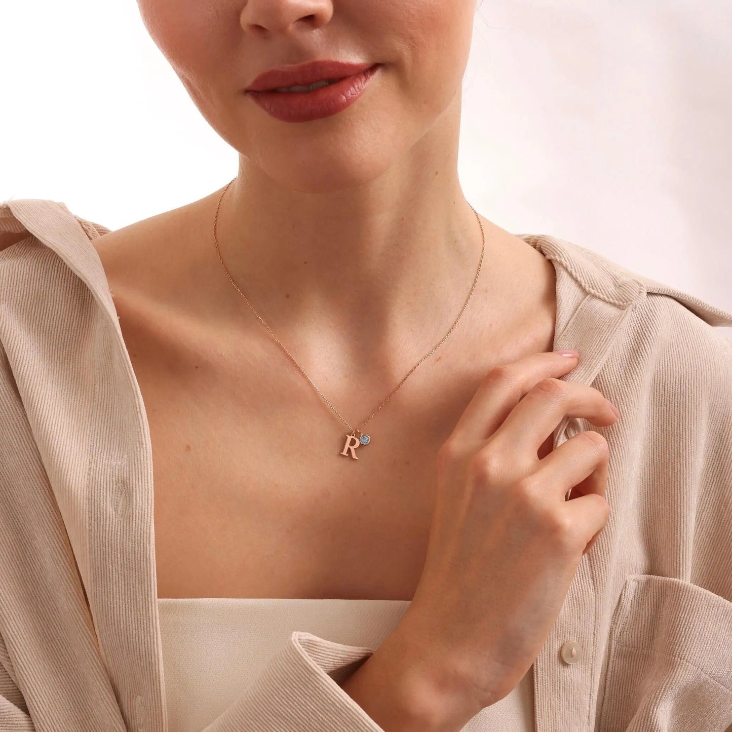 Dainty Serif Initial & Birthstone ketting