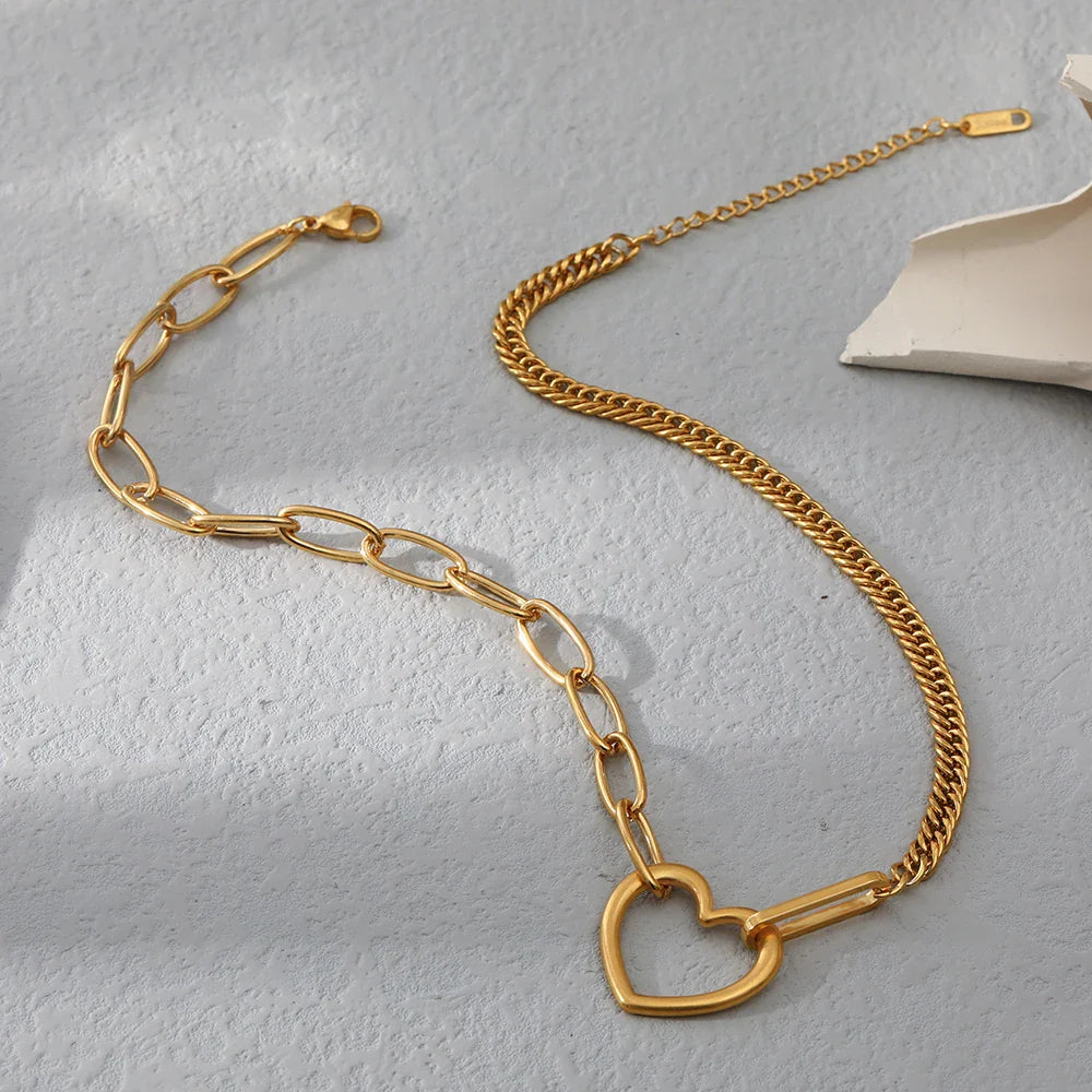18k Paperclip & Curb Chain Heart Pendant Necklace