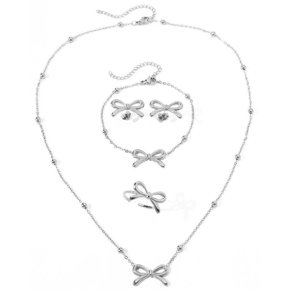 Collar de cadena satelital de arco femenino, pulsera, aretes y juego de anillos