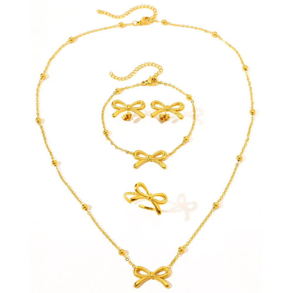 Collar de cadena satelital de arco femenino, pulsera, aretes y juego de anillos