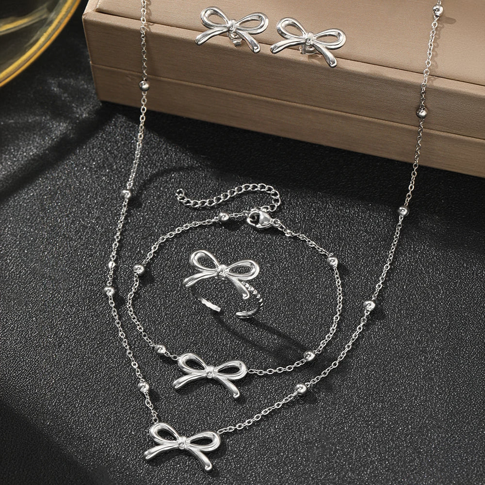 Collar de cadena satelital de arco femenino, pulsera, aretes y juego de anillos