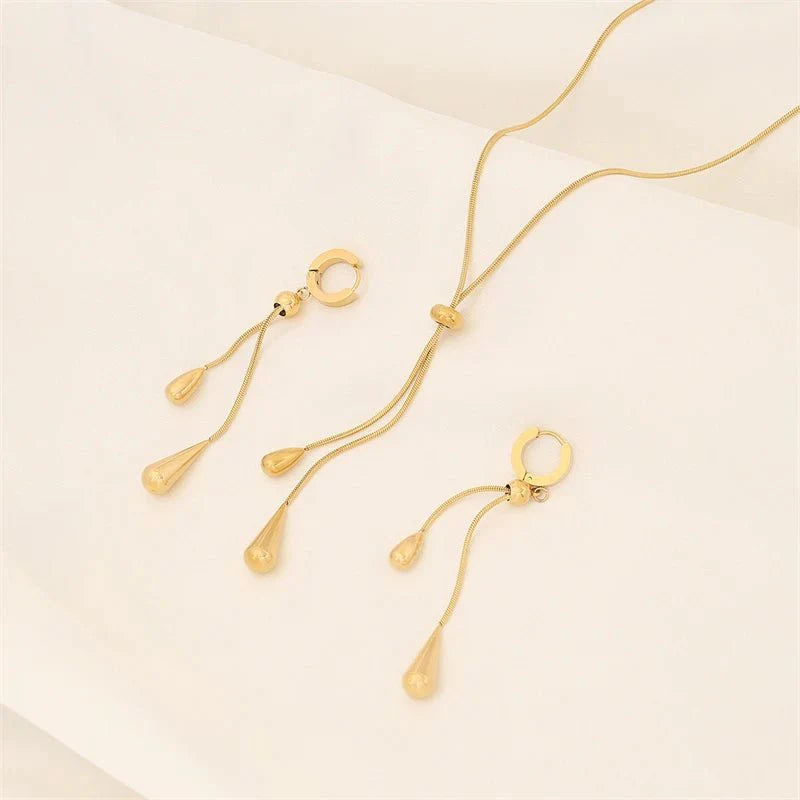 Adjustable Pull Droplet Lariat Necklace and Earrings - Veinci