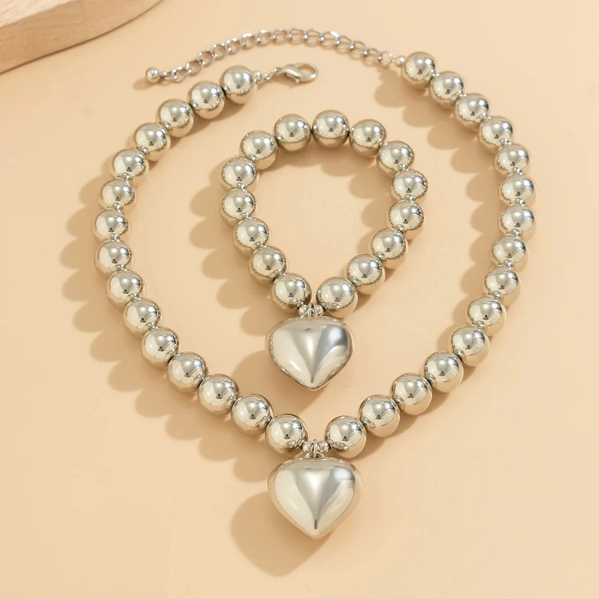 Chunky Heart Pendant Necklace and Bracelet Set - Veinci