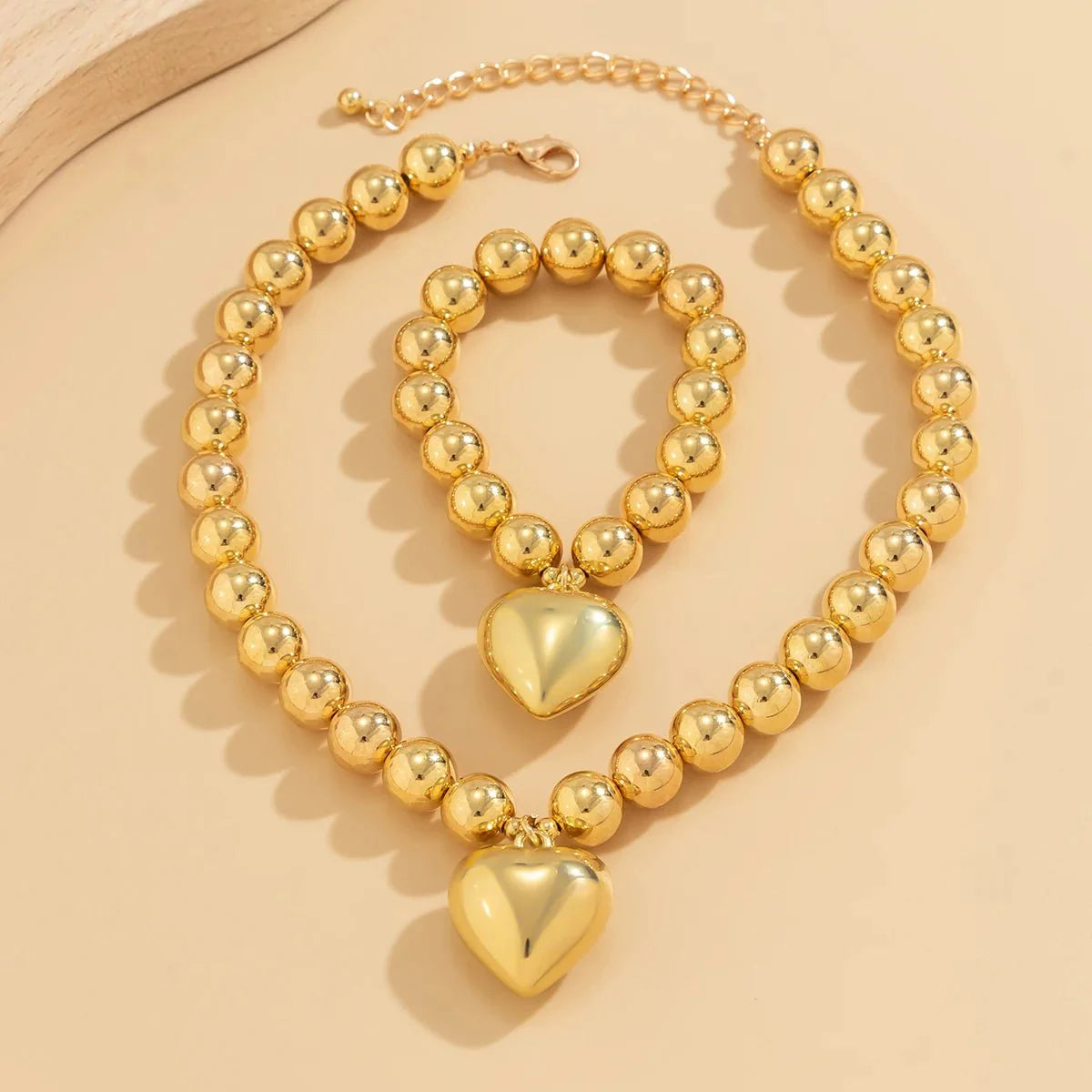 Chunky Heart Pendant Necklace and Bracelet Set - Veinci