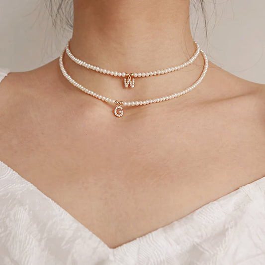 Classy Pearl Dainty Initial Letter Necklace - Veinci