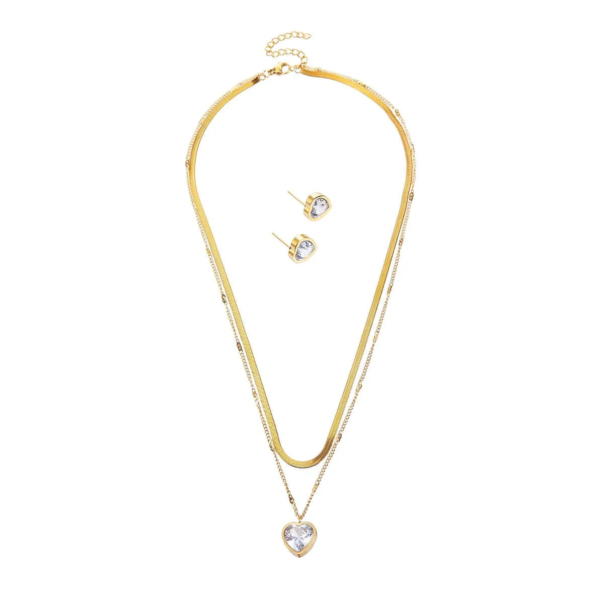 Crystal Heart Stacked Necklace and Earrings Set - Veinci