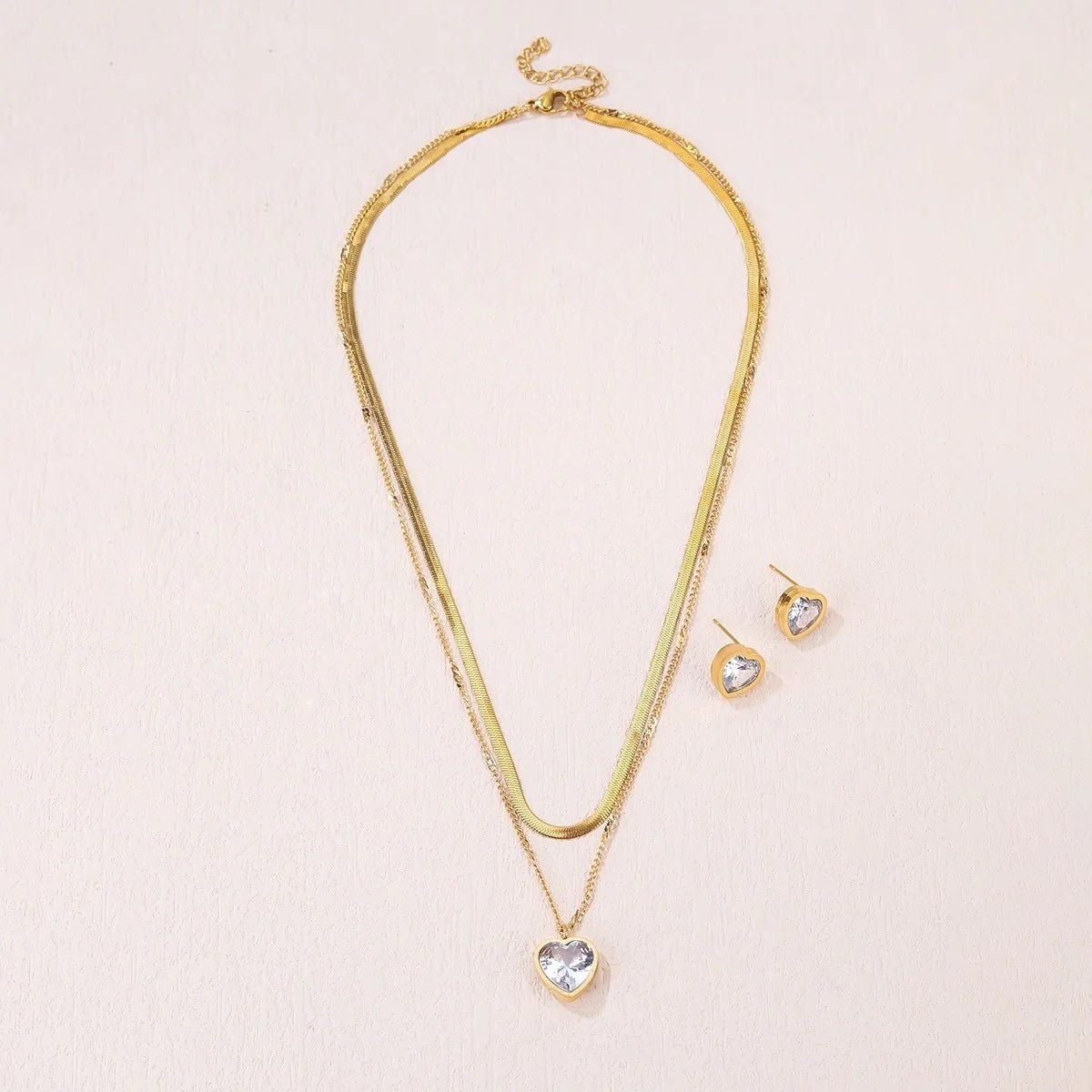 Crystal Heart Stacked Necklace and Earrings Set - Veinci