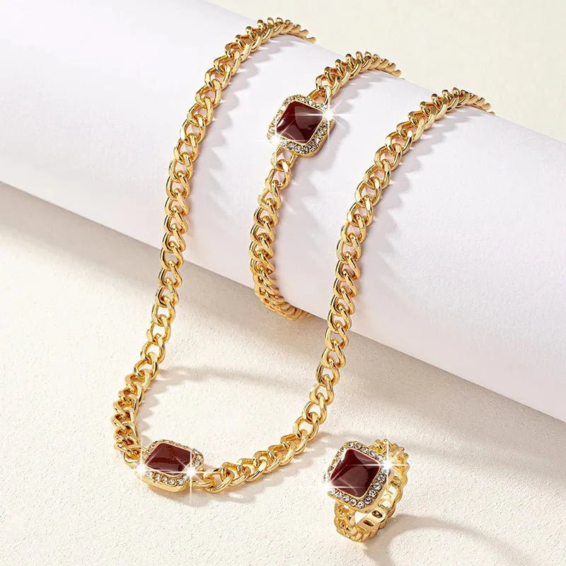 Cuban Square Diamond Necklace, Bracelet, and Ring Set - Veinci