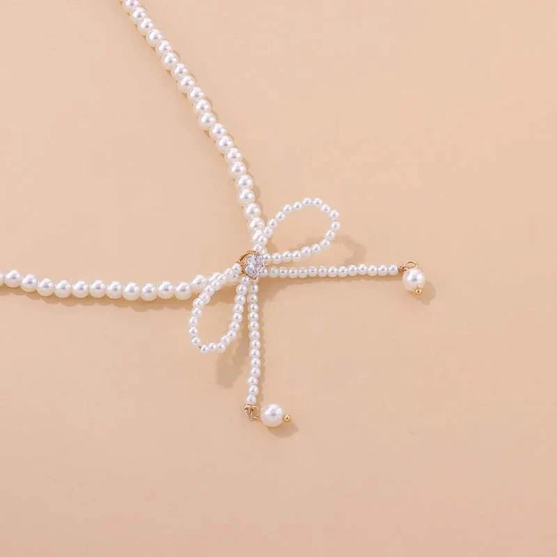 Dainty Beaded Pearl Bow Choker Necklace - Veinci
