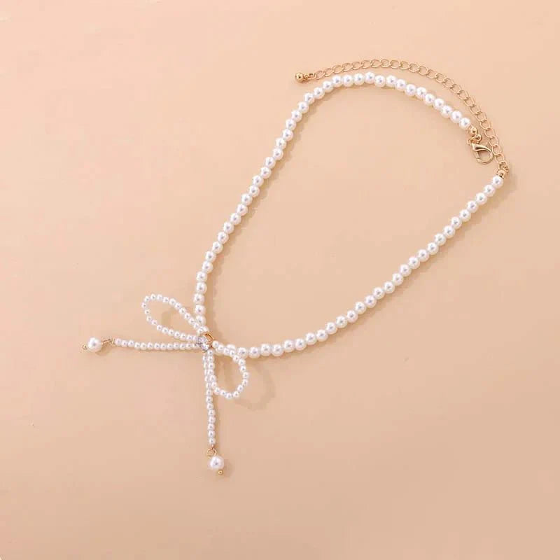 Dainty Beaded Pearl Bow Choker Necklace - Veinci