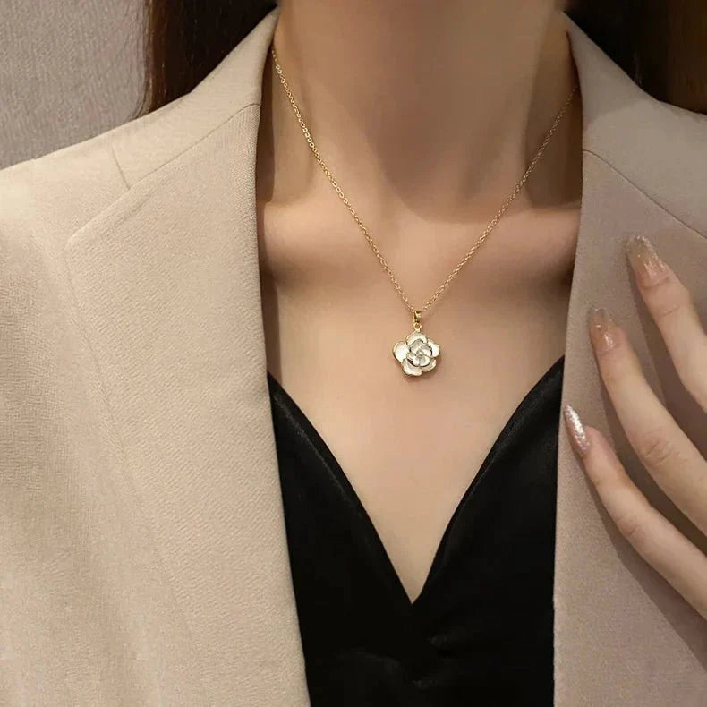 Dainty Blanc Camellia Floral Necklace, Earrings, Ring Jewelry Set - Veinci