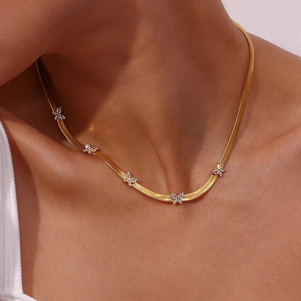 Dainty Diamond Butterfly Herringbone Necklace - Veinci