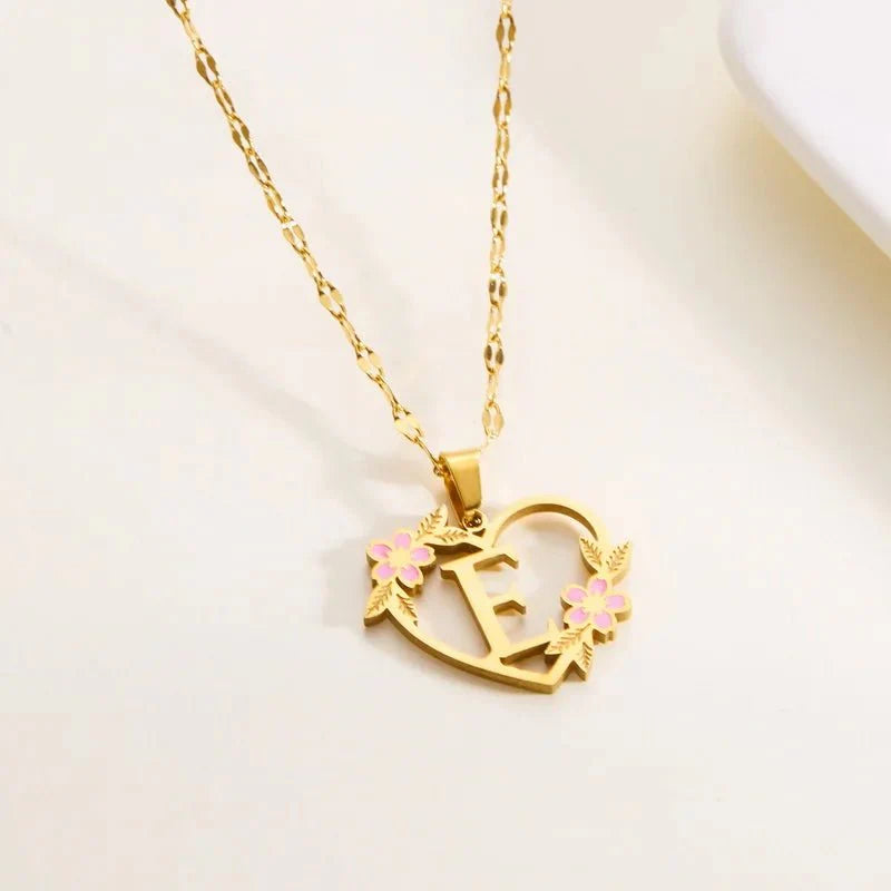 Dainty Floral Accented Heart Letter Initial Necklace - Veinci