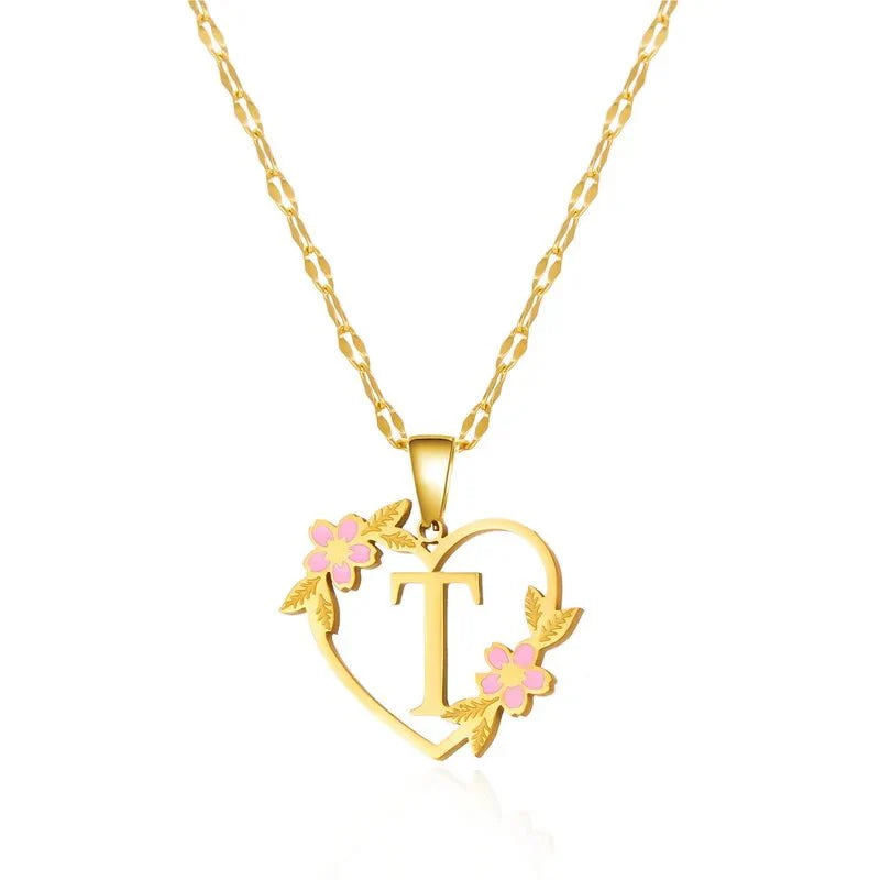 Dainty Floral Accented Heart Letter Initial Necklace - Veinci