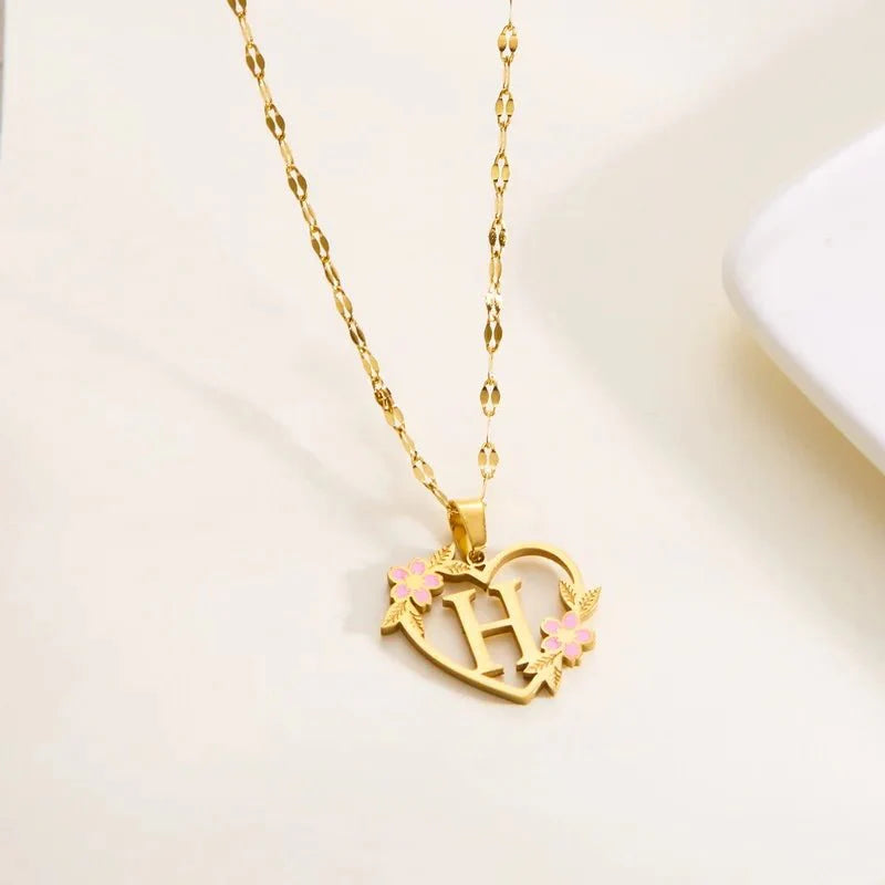 Dainty Floral Accented Heart Letter Initial Necklace - Veinci