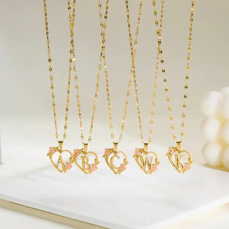Dainty Floral Accented Heart Letter Initial Necklace - Veinci