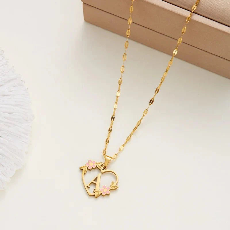 Dainty Floral Accented Heart Letter Initial Necklace - Veinci