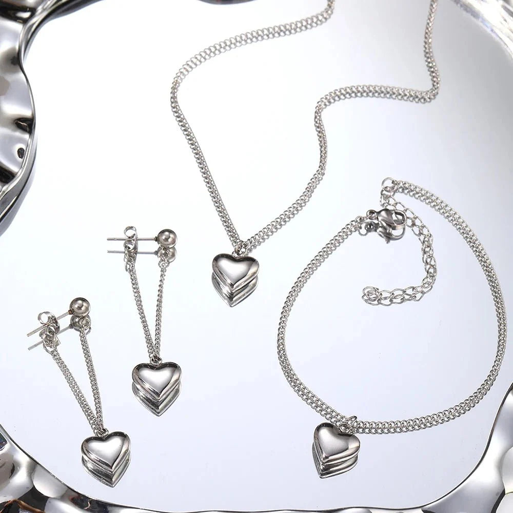 Dainty Heart Chain Necklace, Bracelet, and Earring Set - Veinci