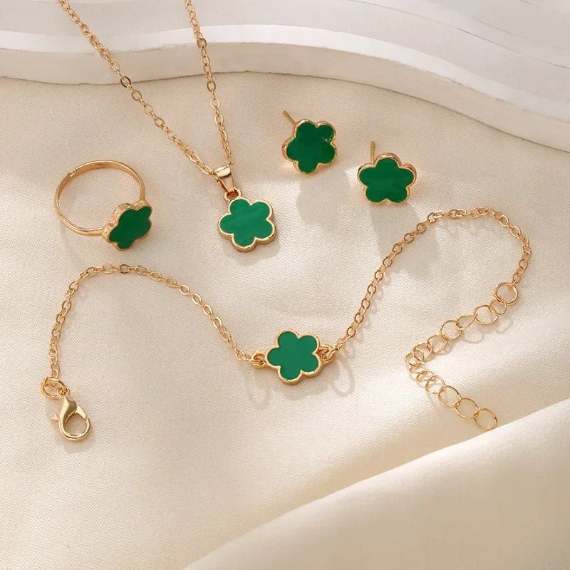 Dainty Lucky Floral Clover Necklace, Bracelet, Earrings, and Rings Set - Veinci
