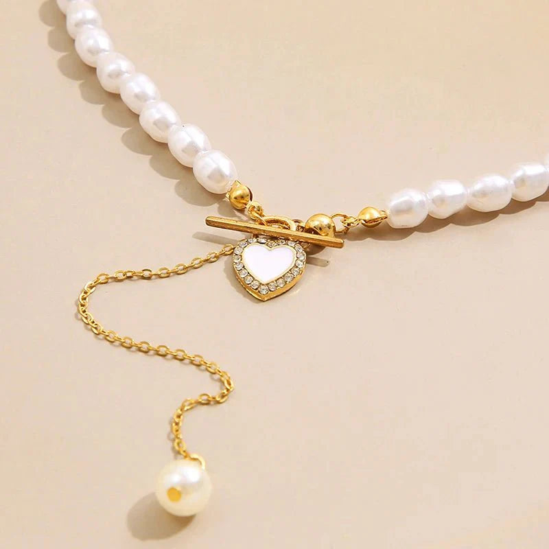 Dainty Pearl Drop Heart Clasp Choker Necklace - Veinci